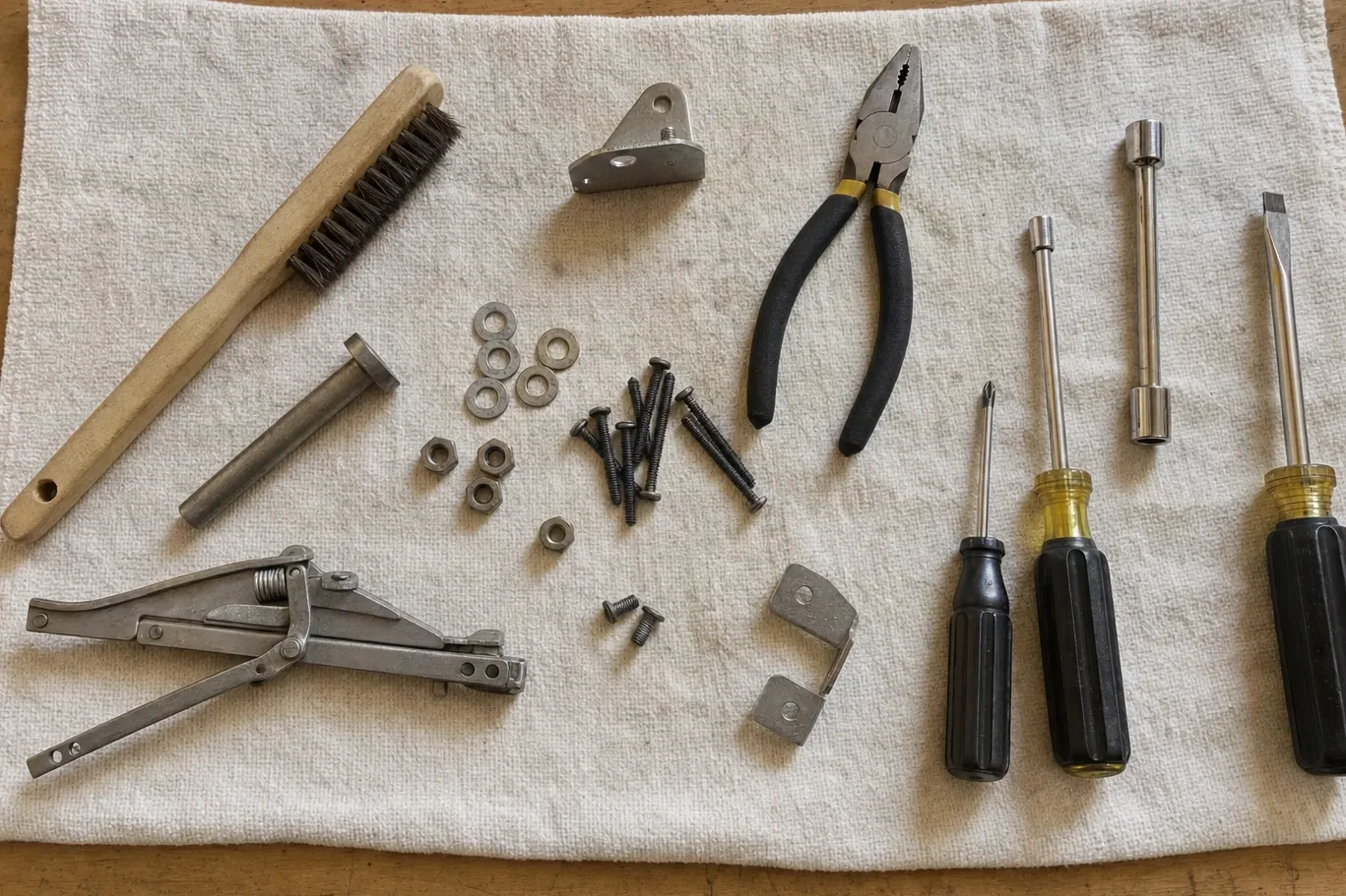 Spring-loaded door hinge taken out and laid on canvas with a sleeve, washers, nuts, black screws and hand tools